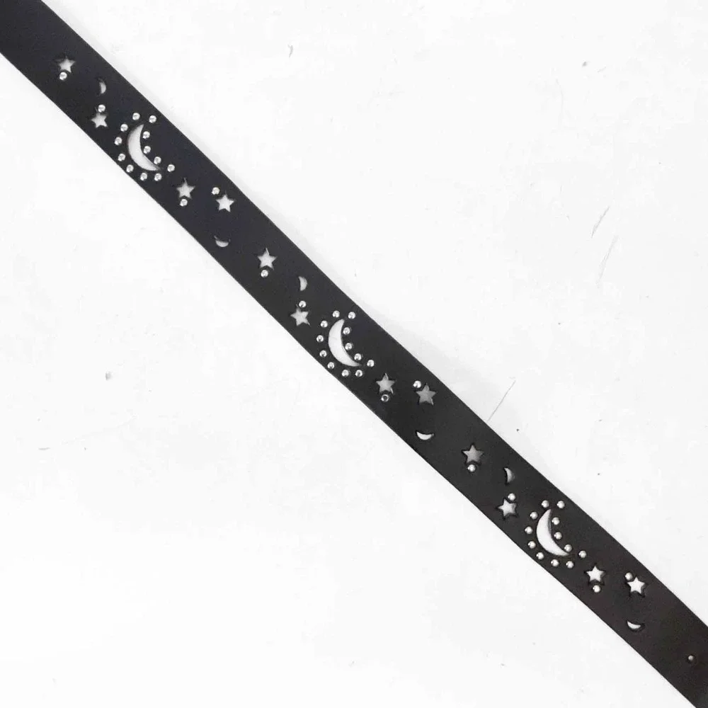 Express Vintage Black Leather‎ Celestial Moon Star Studded Belt Made in Italy S